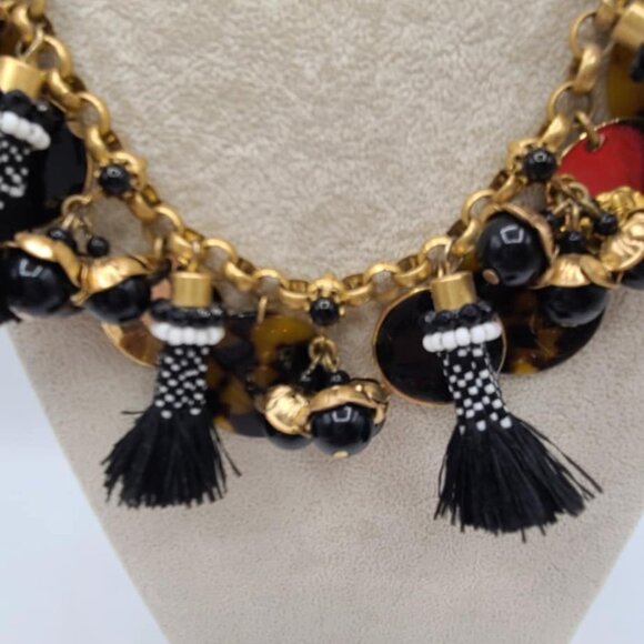 J Crew Black Tassel Gold Tone Disk Tortoise Charm Link Necklace - Picture 2 of 11